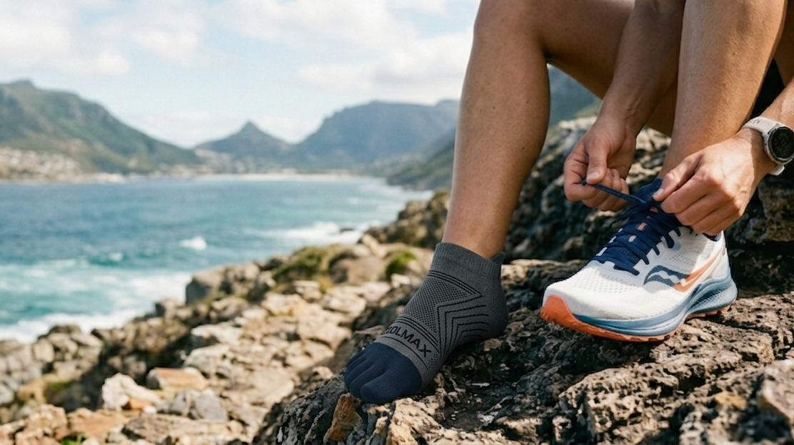 Person tying running shoes on a rocky coastal path with ocean and mountains in the background wearing CapeToe socks